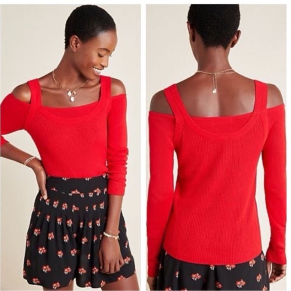 Anthropologie Womens Jamie Cold Shoulder Sweater Top Size S Holiday Preppy REd